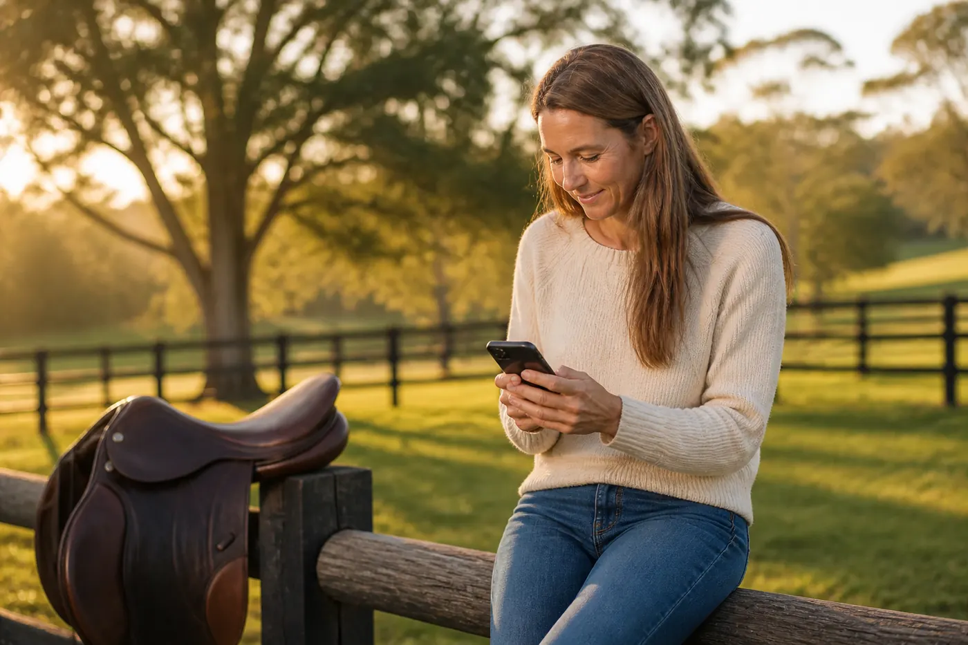 A rider outdoors on her phone, agreeing a remote saddle deal