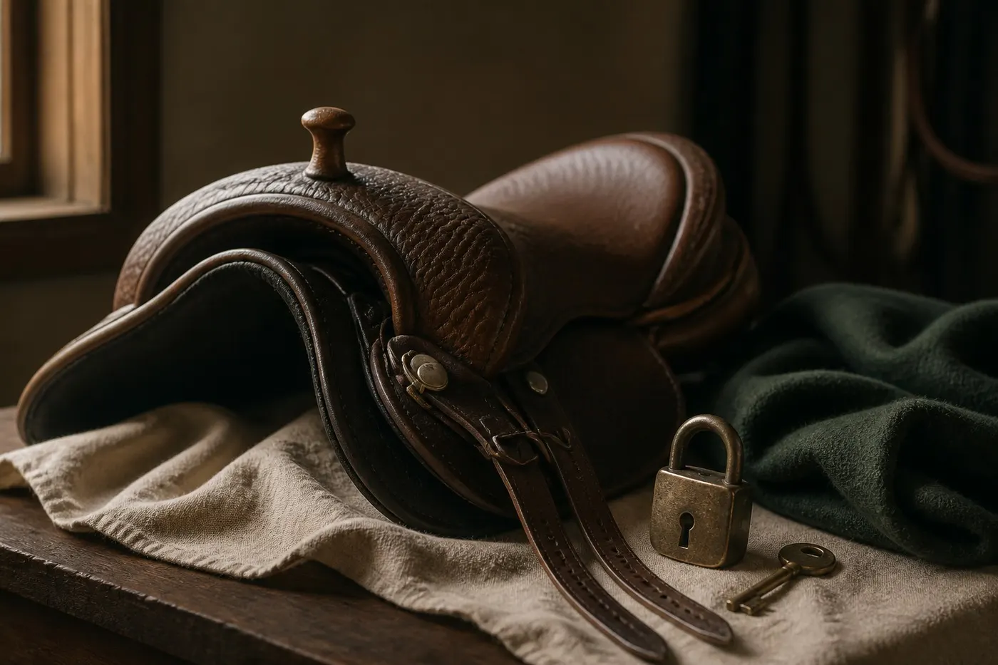 A leather saddle beside a brass lock and key