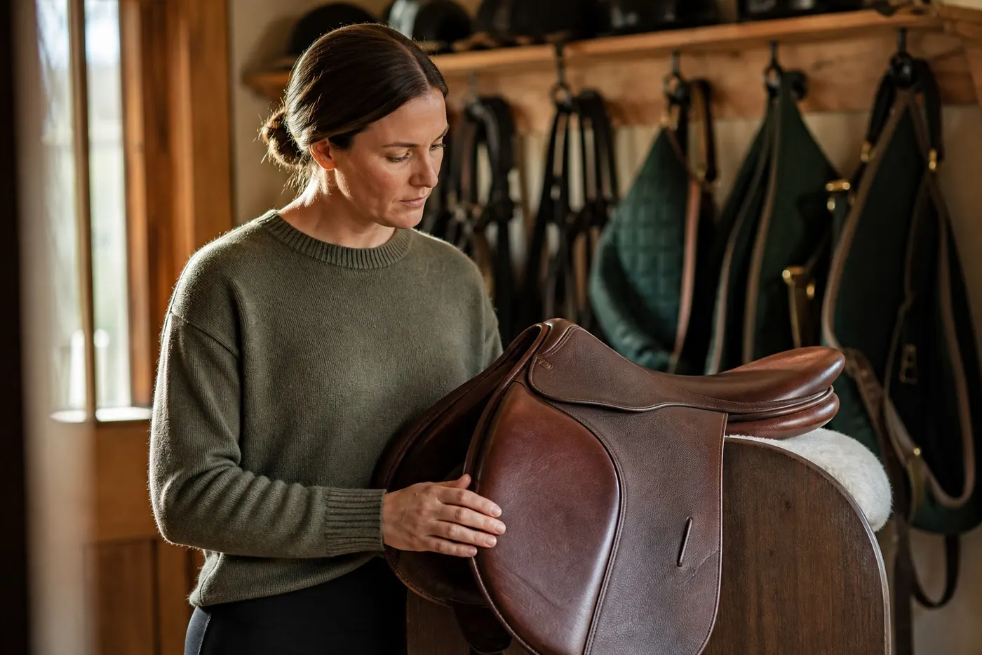 A rider inspecting a leather saddle in a sunlit tack room