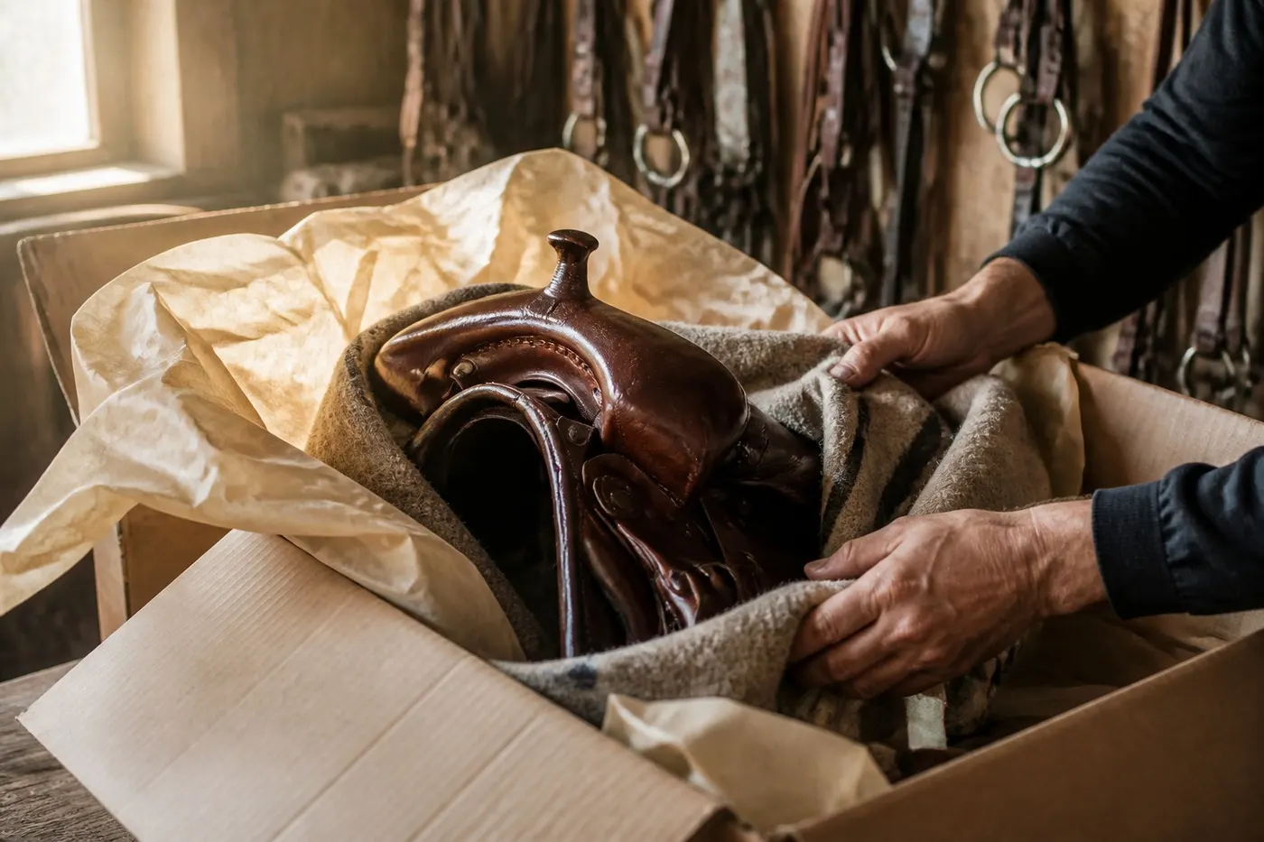 Hands packing a leather saddle for shipping