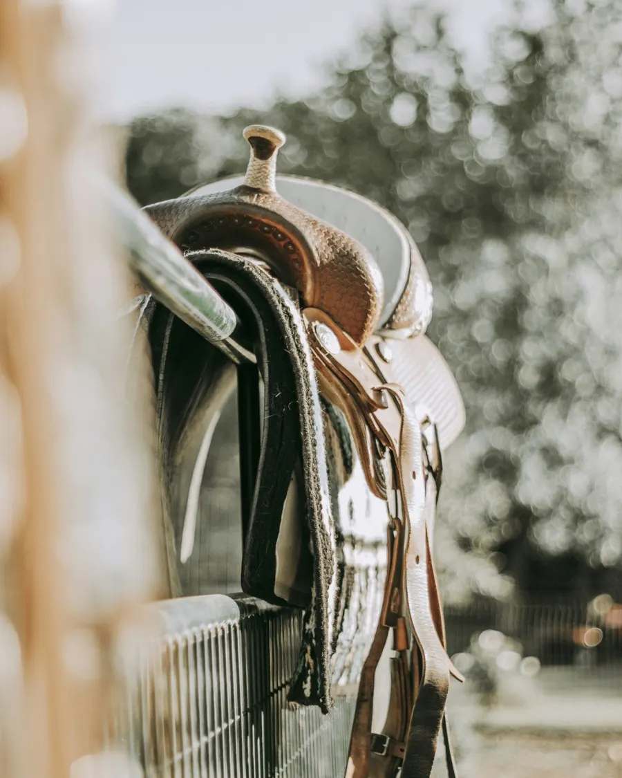 A western saddle resting on a fence rail at golden hour
